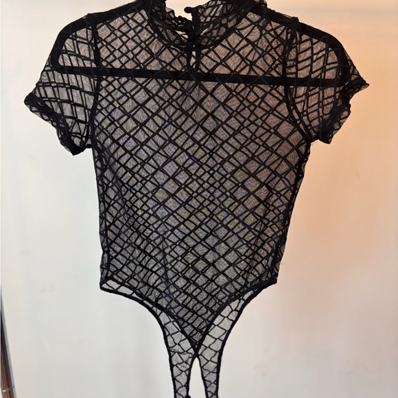 Sold Sheer Black Short-Sleeve Mesh Bodysuit Top - Picture 2 of 5